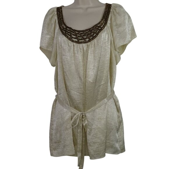 Cato Gold Tunic Blouse Woman Size 14W 16W Beaded Neckline Tie Waist Short Sleeve - Picture 1 of 8